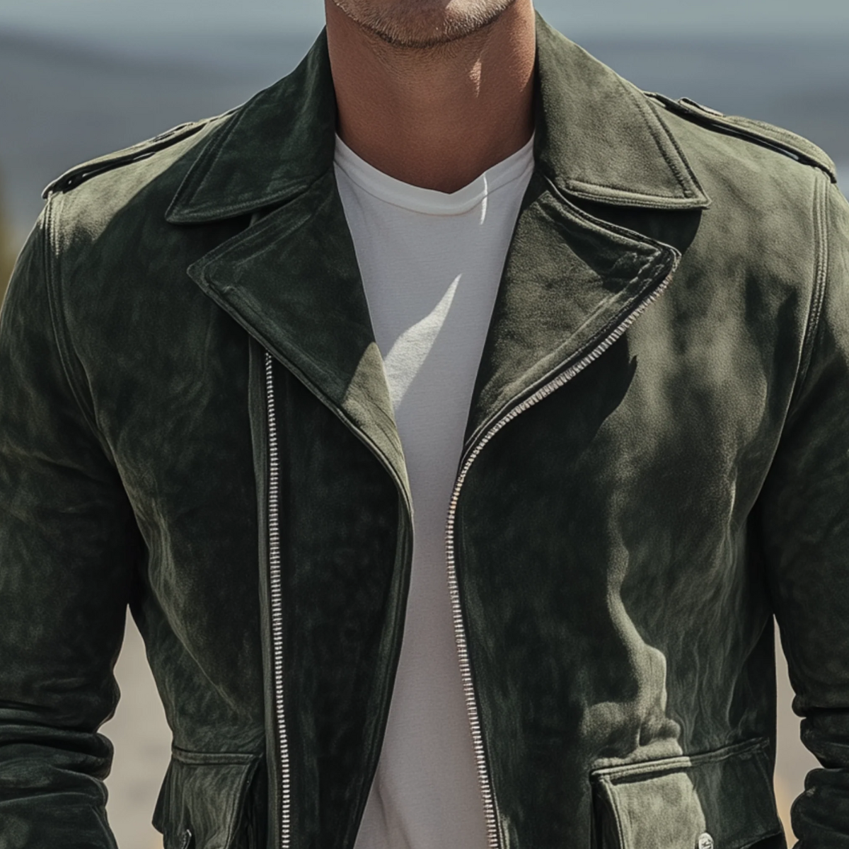 The Regent Men’s Olive Vintage Suede Motorcycle Biker Jacket