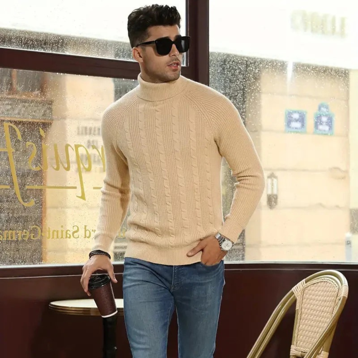 The Richemont Men’s Classic Old Money Cable Knit Turtleneck Sweater - Beige