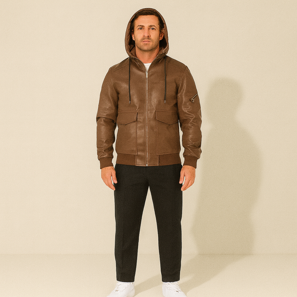 The Waldorf Men’s Brown Leather Puffer Jacket – Luxury Winter Coat with Hood