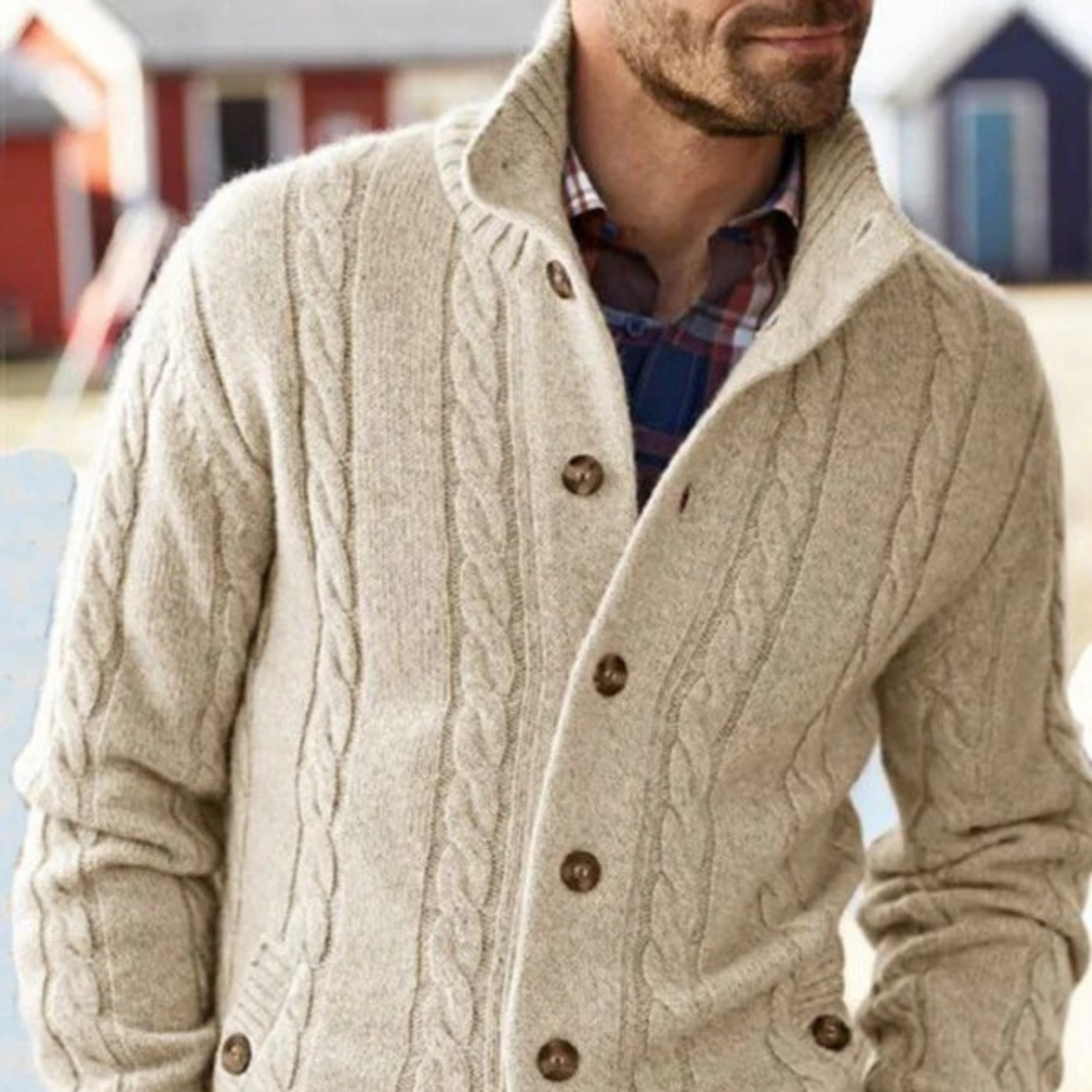 The Carlton Men’s Beige Cable Knit Merino Wool Cardigan