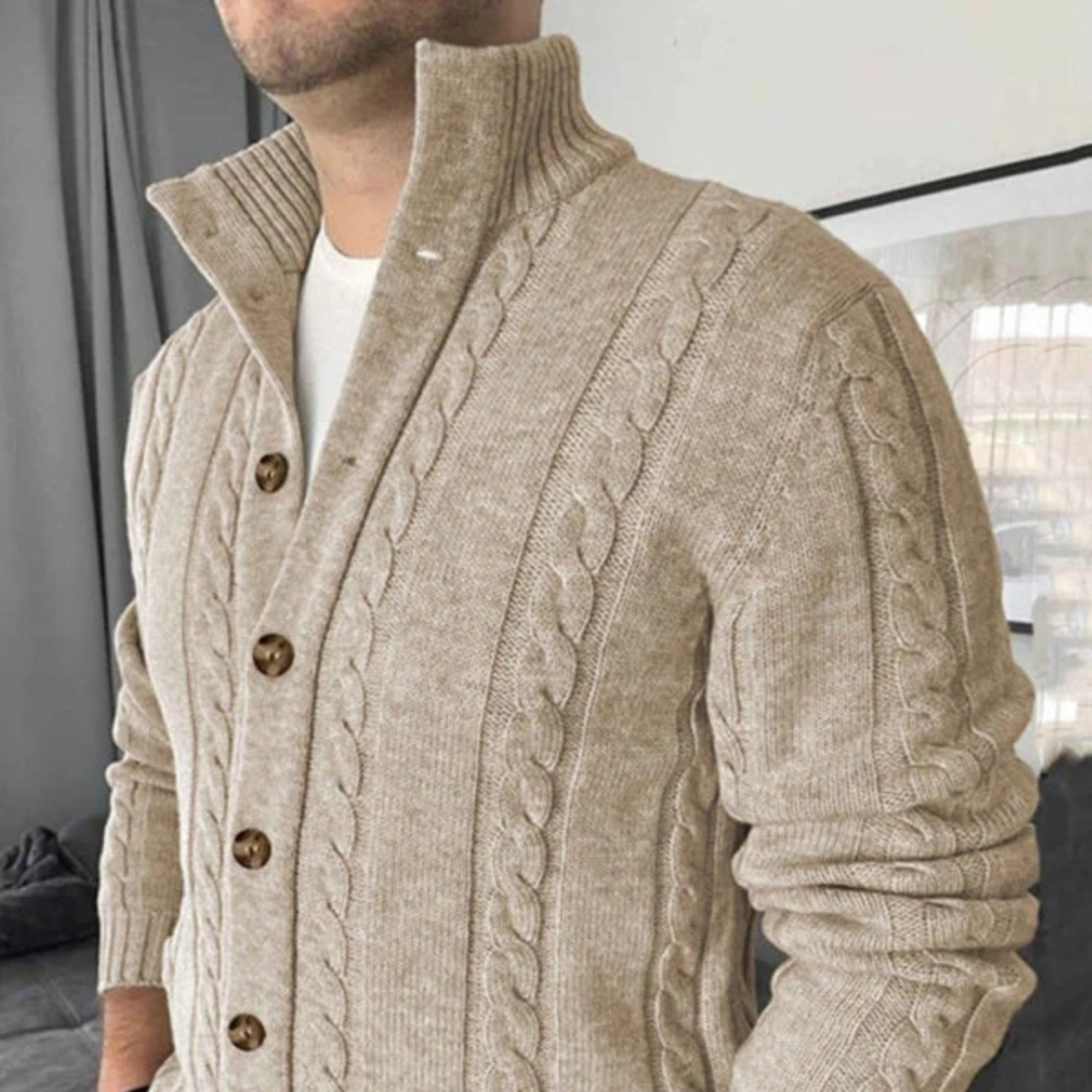 The Carlton Men’s Beige Cable Knit Merino Wool Cardigan