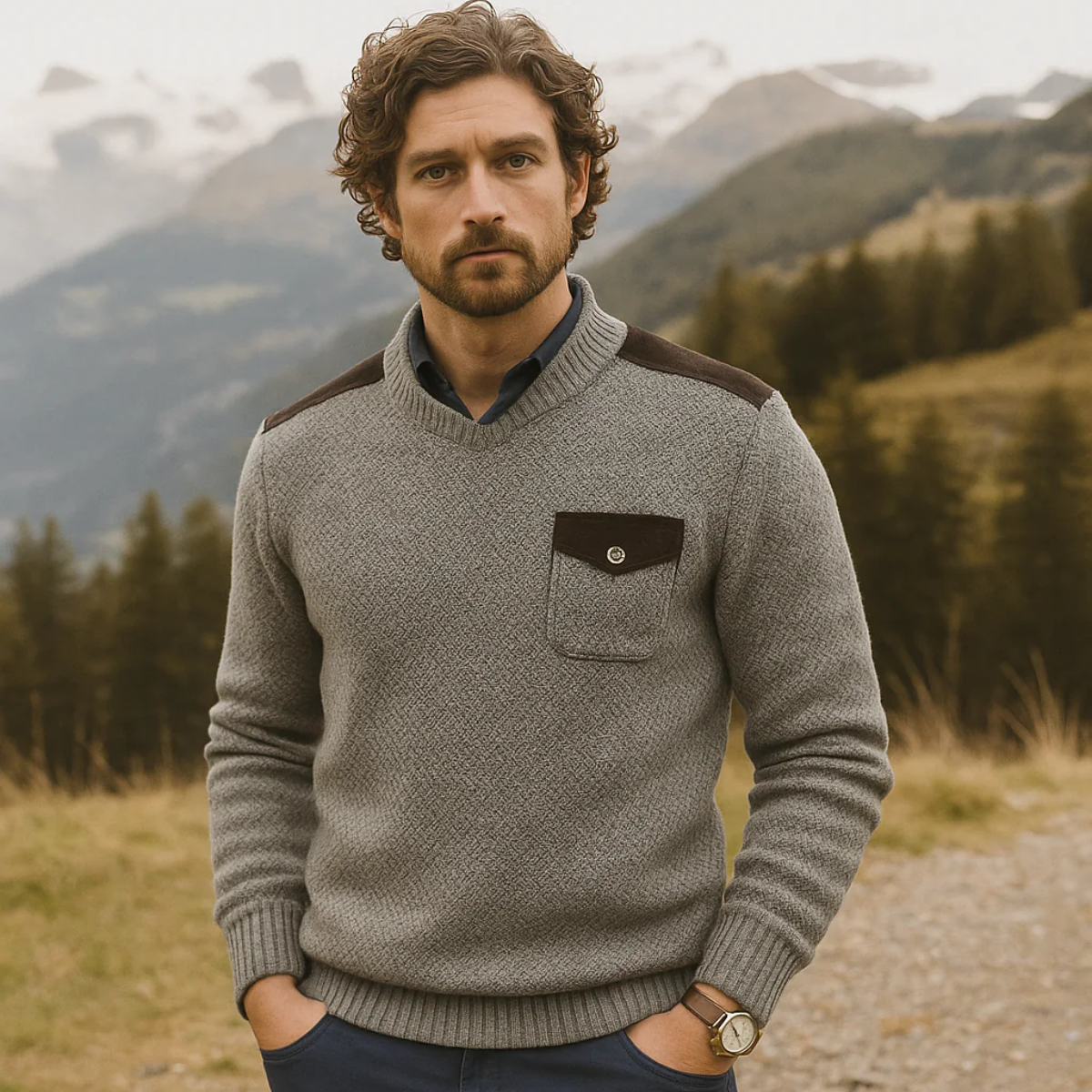 The Highland Men’s Luxury Grey Knit Autumn Winter Sweater – Suede Shoulder Detail