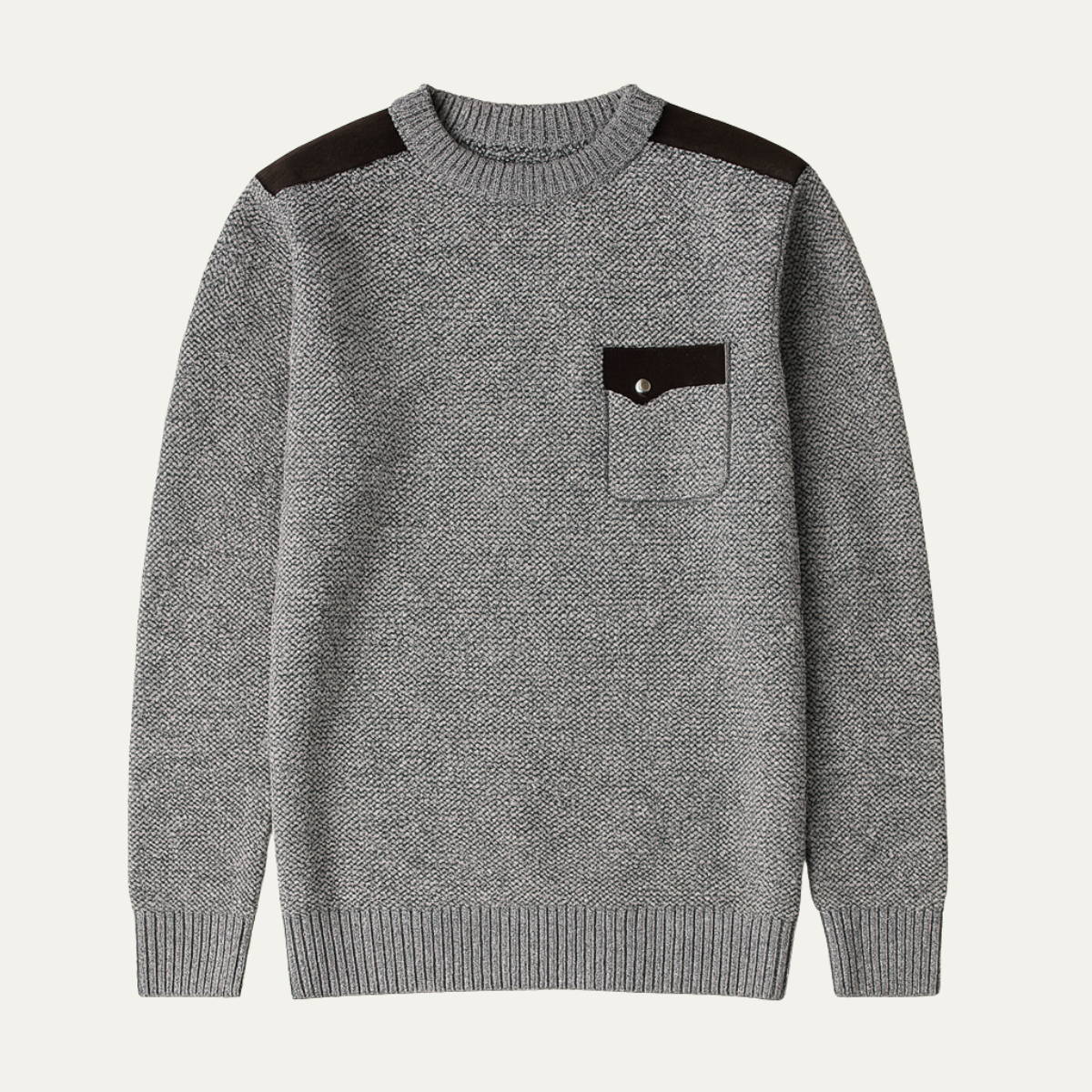 The Highland Men’s Luxury Grey Knit Autumn Winter Sweater – Suede Shoulder Detail