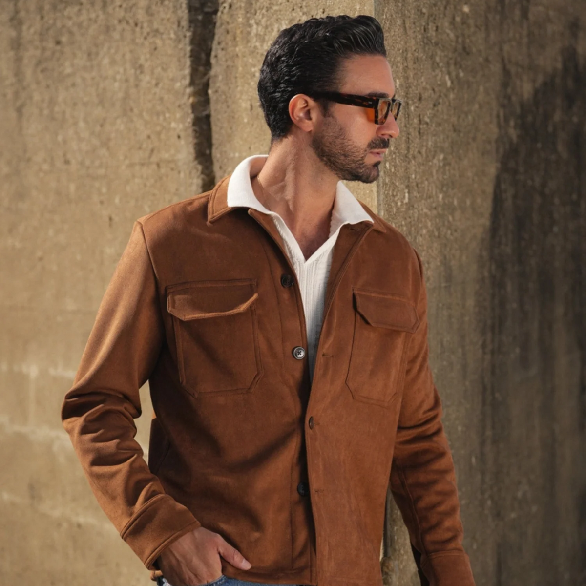The Hyatt Men's Camel Suede Overshirt - Slim Fit Luxury Jacket with Pockets