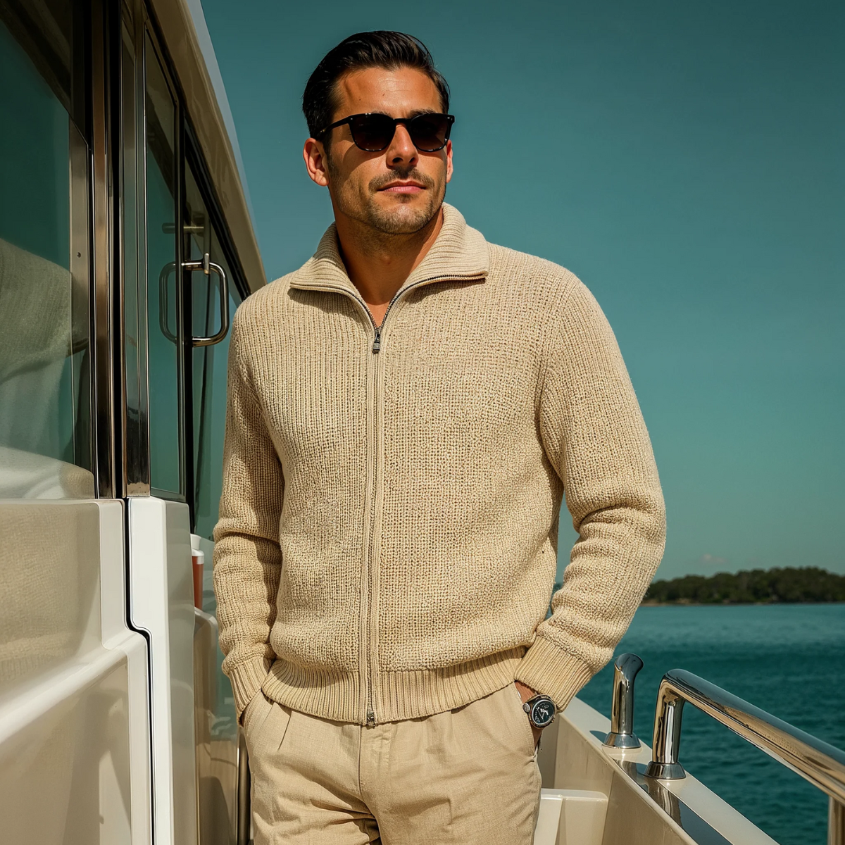 The Lisbon Men’s Knitted Full Zip Merino Wool Cardigan – Beige