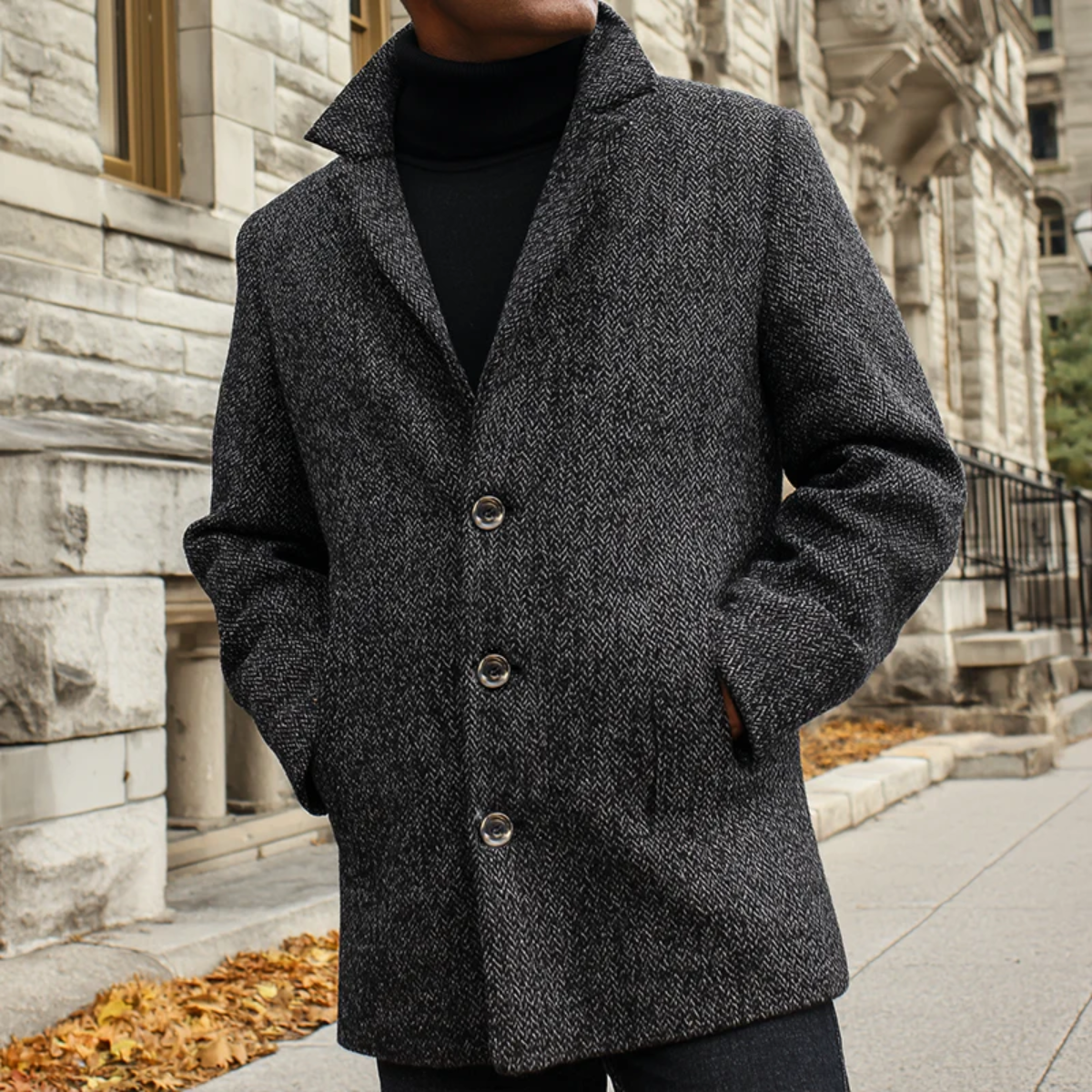 The Mayfair Men’s Luxury Herringbone Wool Overcoat – Grey