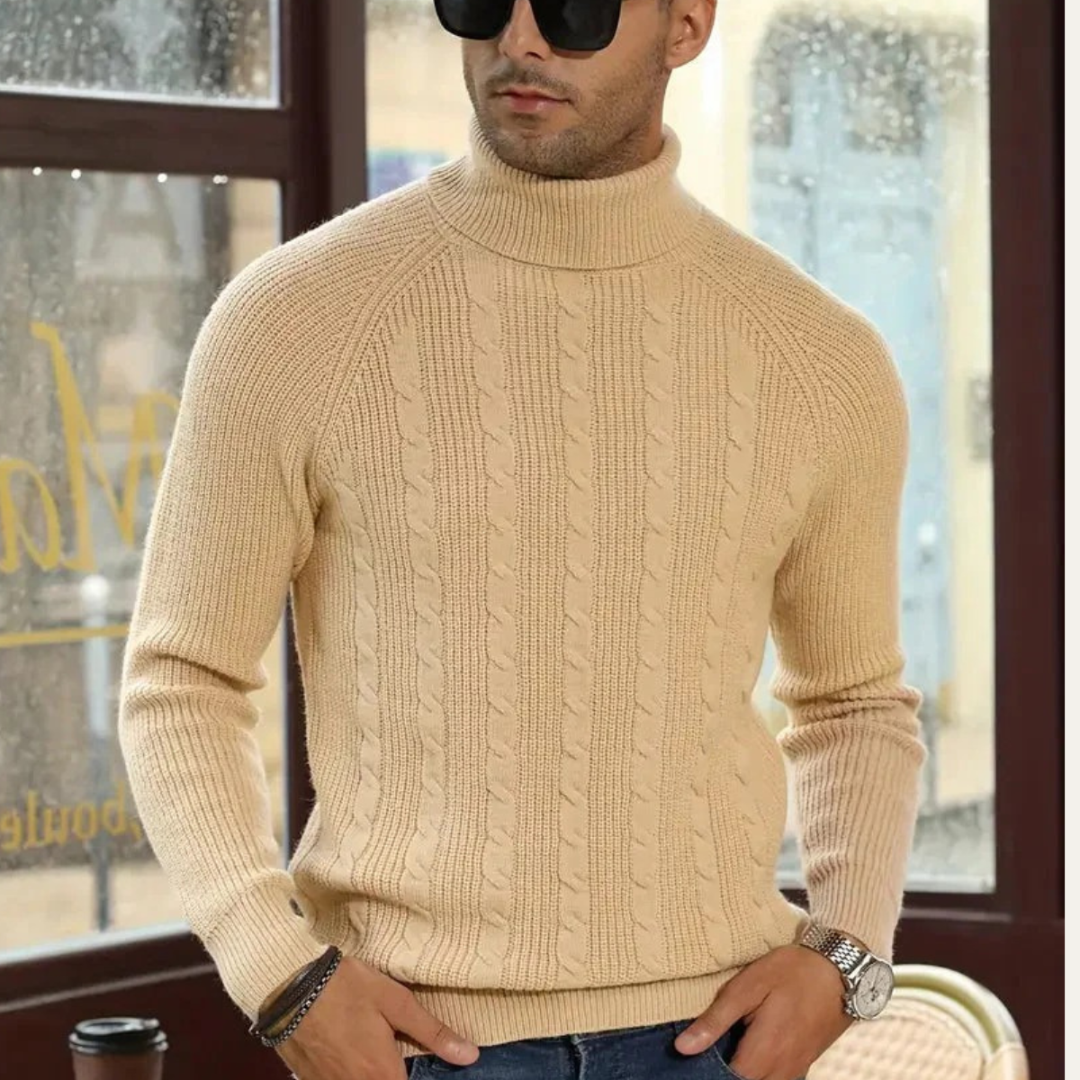 The Richemont Men’s Classic Old Money Cable Knit Turtleneck Sweater - Beige